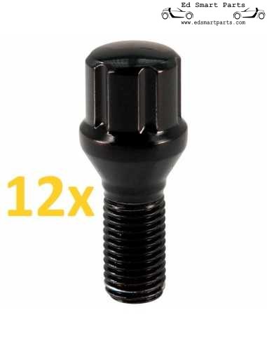 Lot de 12 boulons de roue noirs à 6 cannelures M12X1,5x24 mm pour modèles Smart Roadster et ForTwo